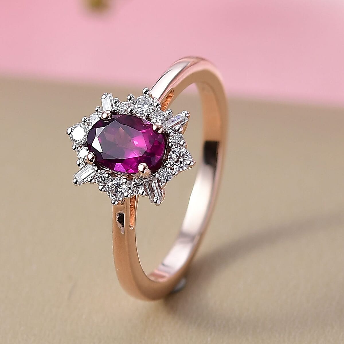 D'Joy AAA Radiant Ember Garnet and Moissanite 1.20 ctw Ring in 18K Vermeil Rose Gold Over Sterling Silver (Size 10.0) image number 1