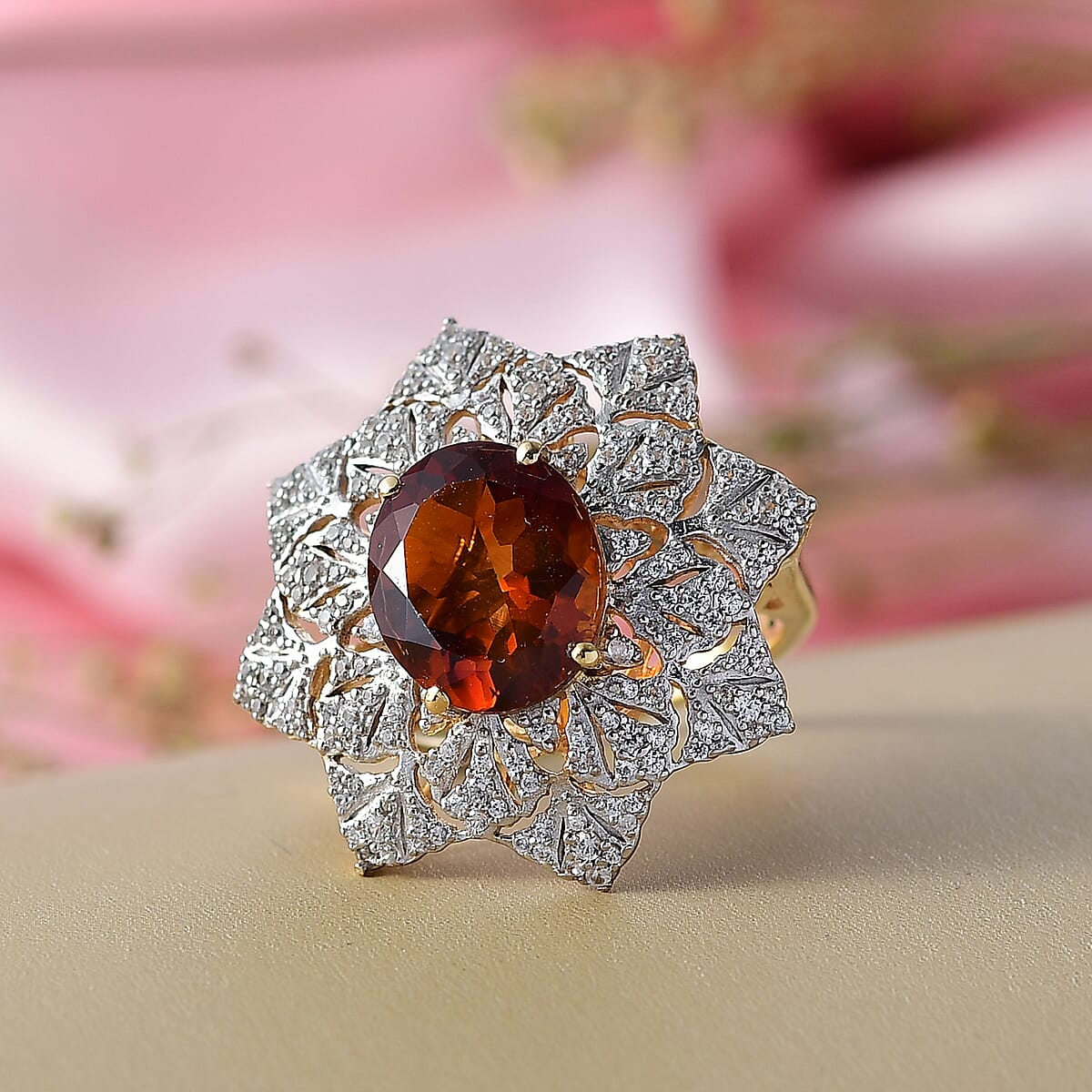 D'Joy Premium Red Citrine and White Zircon 5.40 ctw Royal Fire Blossom Ring in 18K Vermeil Yellow Gold Over Sterling Silver (Size 10.0) image number 1
