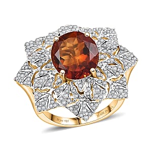 D'Joy Premium Red Citrine and White Zircon 5.40 ctw Royal Fire Blossom Ring in 18K Vermeil Yellow Gold Over Sterling Silver (Size 6.0)