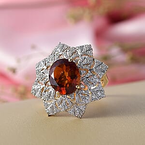 D'Joy Premium Red Citrine and White Zircon 5.40 ctw Royal Fire Blossom Ring in 18K Vermeil Yellow Gold Over Sterling Silver (Size 7.0)