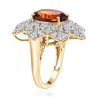 D'Joy Premium Red Citrine and White Zircon 5.40 ctw Royal Fire Blossom Ring in 18K Vermeil Yellow Gold Over Sterling Silver (Size 9.0)