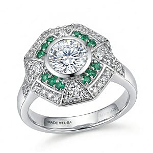 D'Joy Hearts & Arrow Cut Strontium Titanate and Multi Gemstone 3.10 ctw Cathedral Shield Ring in Rhodium Over Sterling Silver (Size 6.0)