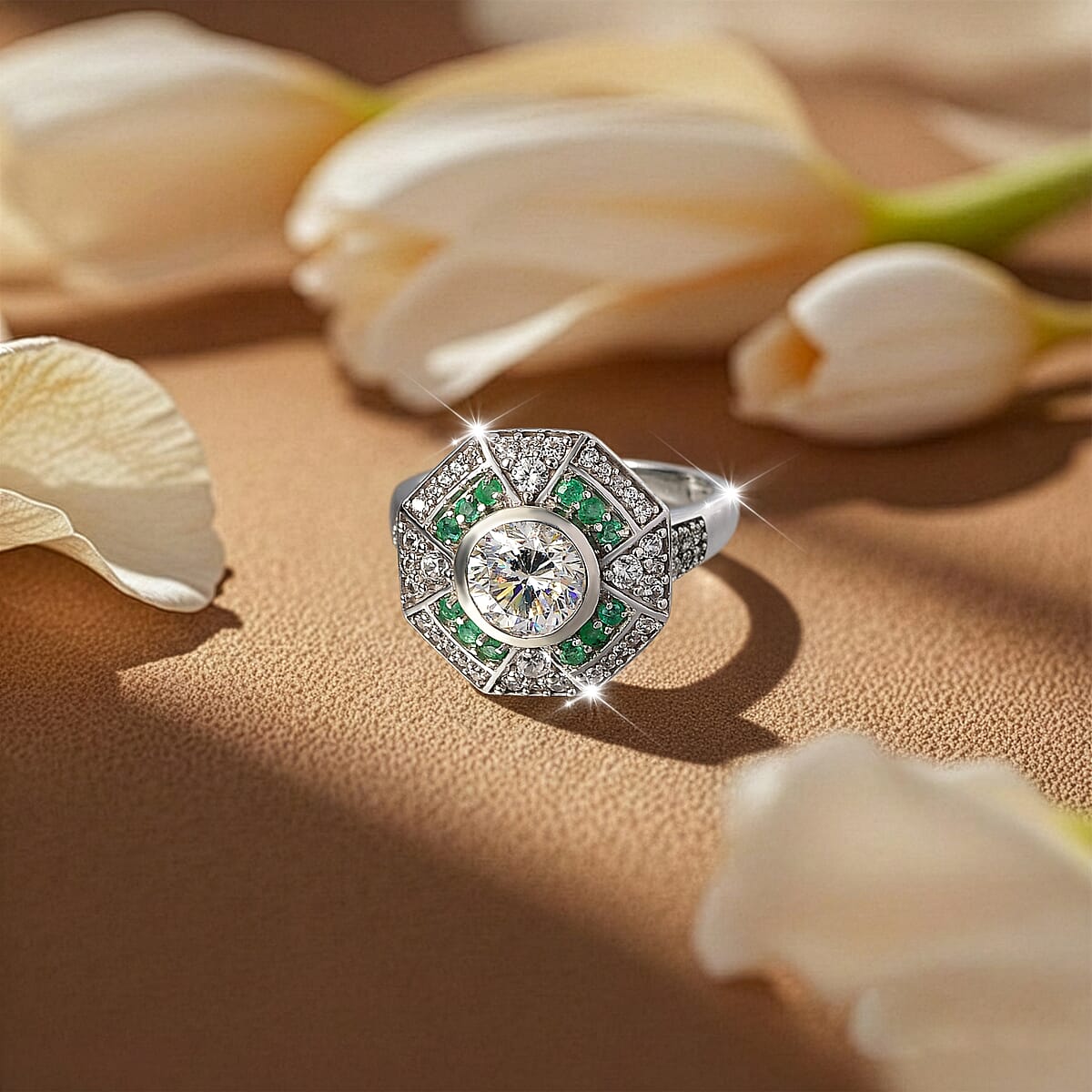 D'Joy Hearts & Arrow Cut Strontium Titanate and Multi Gemstone 3.10 ctw Cathedral Shield Ring in Rhodium Over Sterling Silver (Size 6.0) image number 1