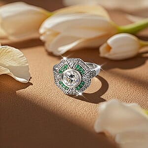 D'Joy Hearts & Arrow Cut Strontium Titanate and Multi Gemstone 3.10 ctw Cathedral Shield Ring in Rhodium Over Sterling Silver (Size 6.0)