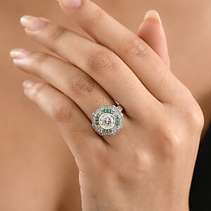 D'Joy Hearts & Arrow Cut Strontium Titanate and Multi Gemstone 3.10 ctw Cathedral Shield Ring in Rhodium Over Sterling Silver (Size 6.0)