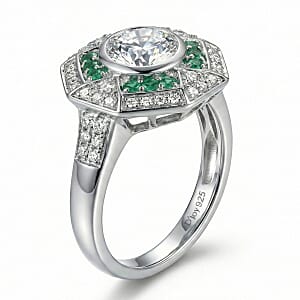 D'Joy Hearts & Arrow Cut Strontium Titanate and Multi Gemstone 3.10 ctw Cathedral Shield Ring in Rhodium Over Sterling Silver (Size 6.0)