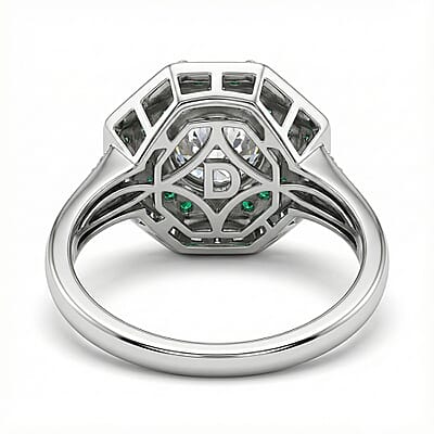 D'Joy Hearts & Arrow Cut Strontium Titanate and Multi Gemstone 3.10 ctw Cathedral Shield Ring in Rhodium Over Sterling Silver (Size 7.0)