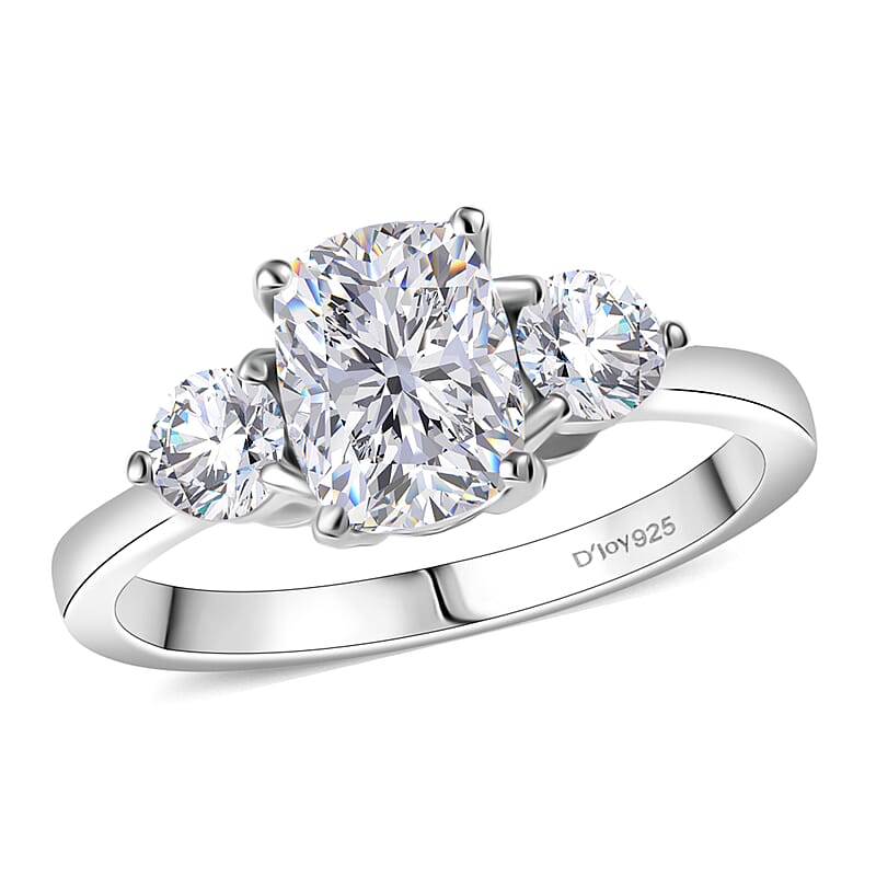 D'Joy Strontium Titanate 3.00 ctw Classic Three Stone Ring in Rhodium Over Sterling Silver (Size 10.0)