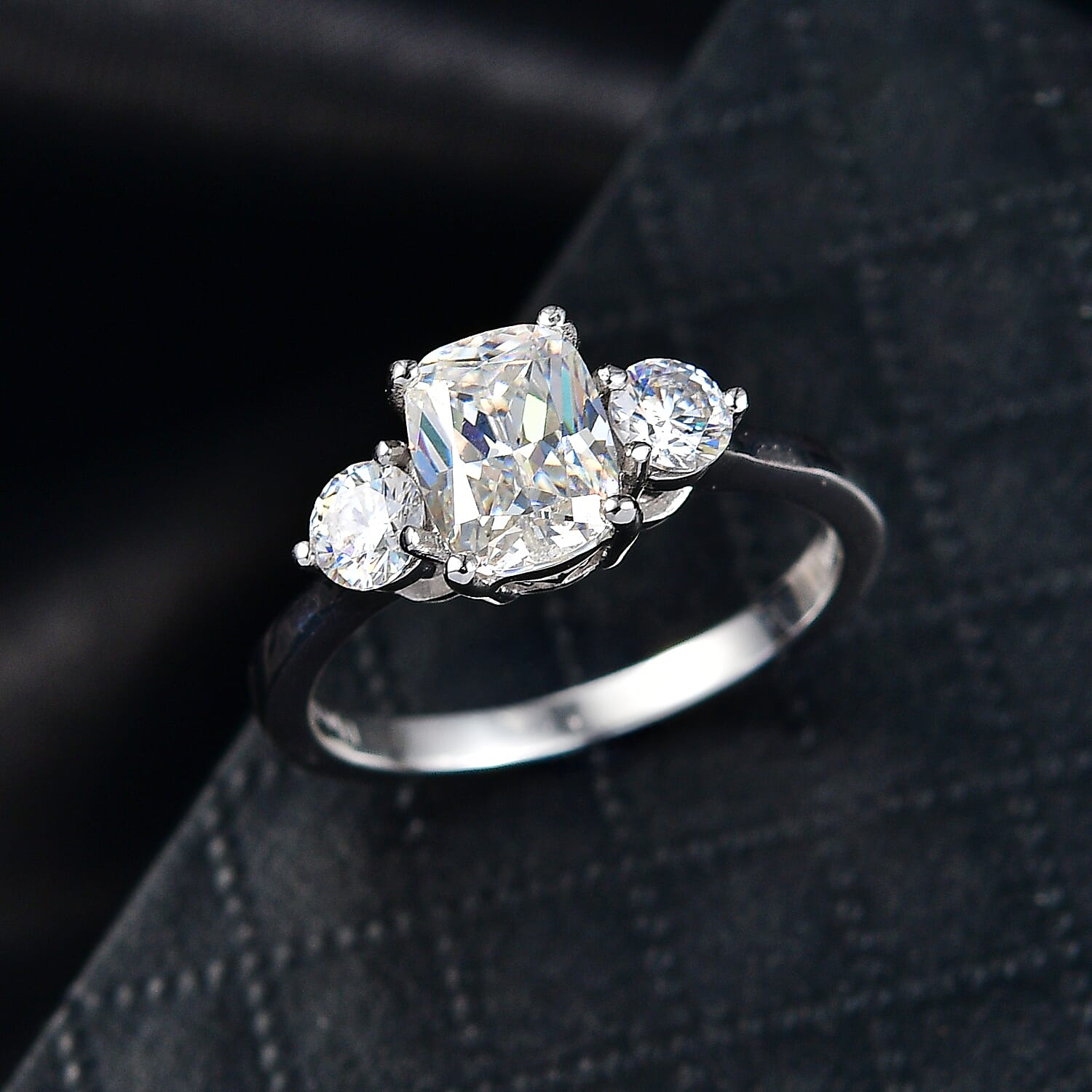 D'Joy Strontium Titanate 3.00 ctw Classic Three Stone Ring in Rhodium Over Sterling Silver (Size 10.0)
