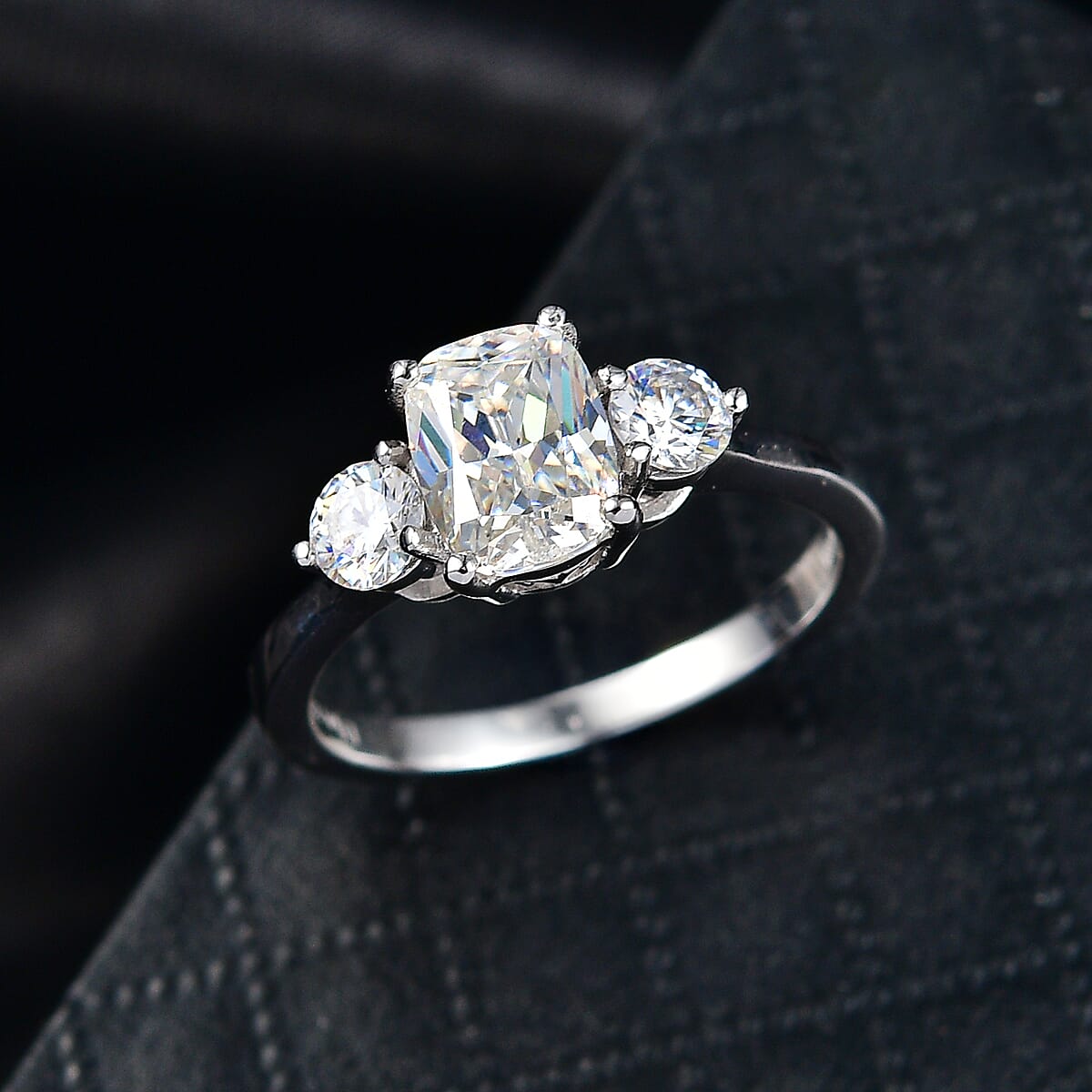 D'Joy Strontium Titanate 3.00 ctw Classic Three Stone Ring in Rhodium Over Sterling Silver (Size 10.0) image number 1