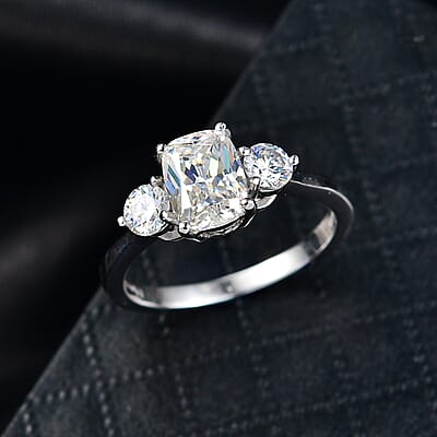 D'Joy Strontium Titanate 3.00 ctw Classic Three Stone Ring in Rhodium Over Sterling Silver (Size 10.0)
