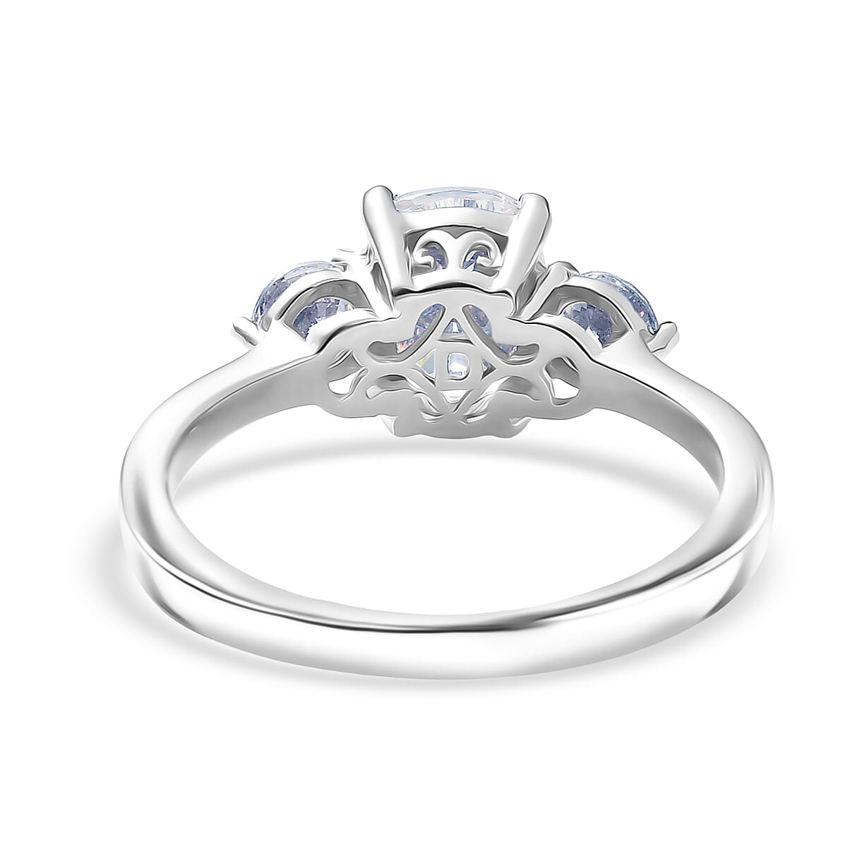 D'Joy Strontium Titanate 3.00 ctw Classic Three Stone Ring in Rhodium Over Sterling Silver (Size 10.0) image number 4