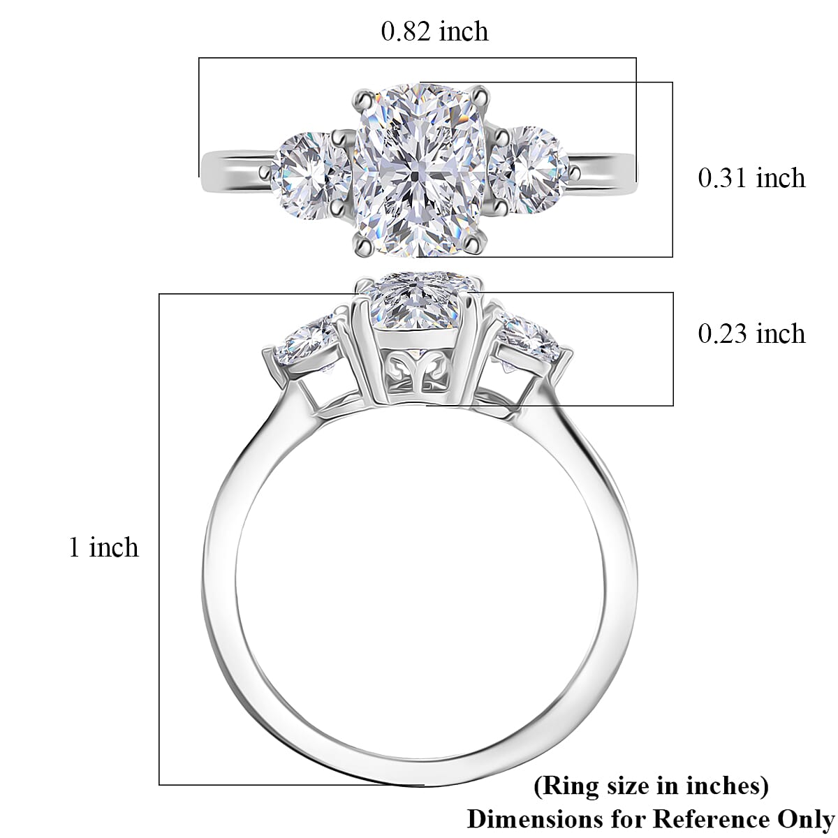 D'Joy Strontium Titanate 3.00 ctw Classic Three Stone Ring in Rhodium Over Sterling Silver (Size 9.0) image number 5