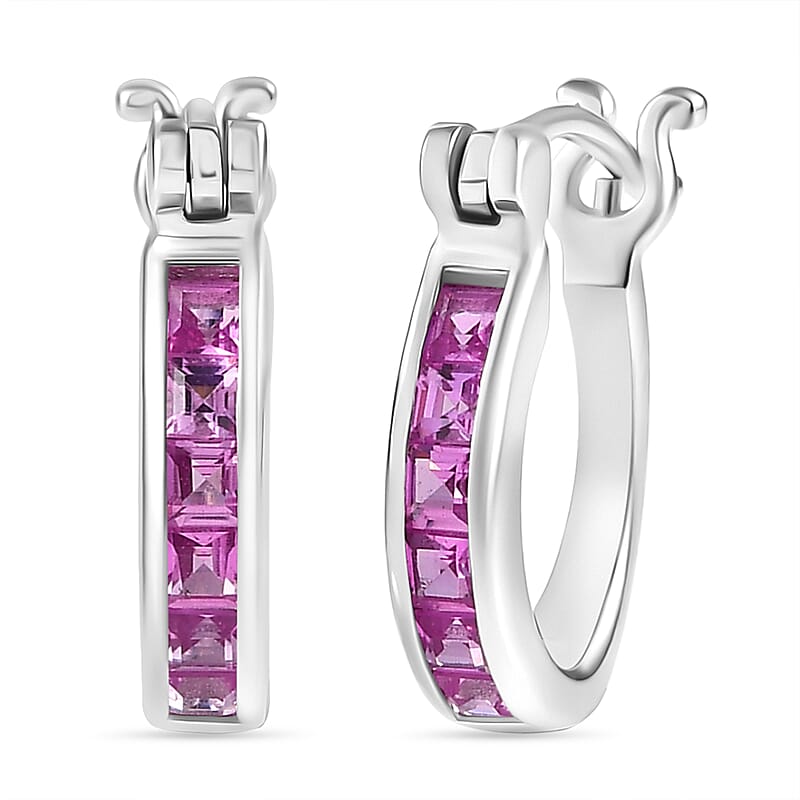 Luxuriant Lab Grown Pink Sapphire 0.75 ctw Hoop Earrings in Platinum Over Sterling Silver