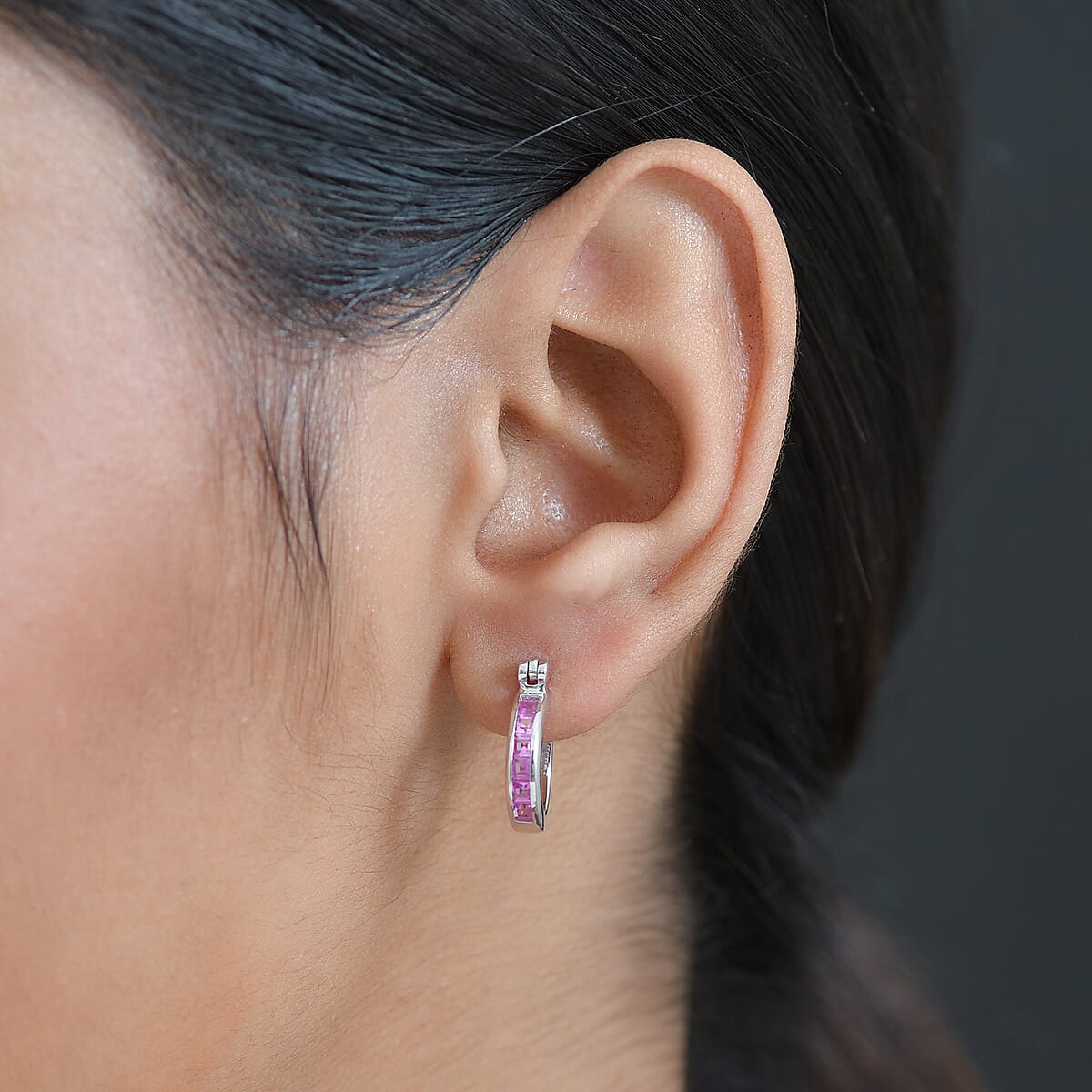 Luxuriant Lab Grown Pink Sapphire 0.75 ctw Hoop Earrings in Platinum Over Sterling Silver image number 2