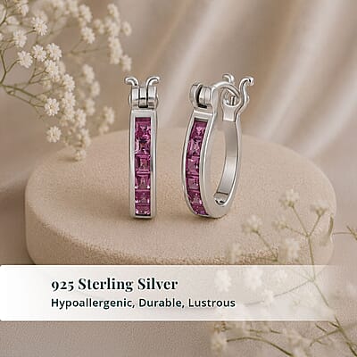 Luxuriant Lab Grown Pink Sapphire 0.75 ctw Hoop Earrings in Platinum Over Sterling Silver