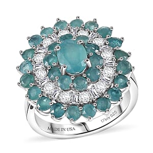 D'Joy Premium Grandidierite and Moissanite 3.70 ctw Celestial Bloom Ring in Rhodium Over Sterling Silver (Size 10.0)