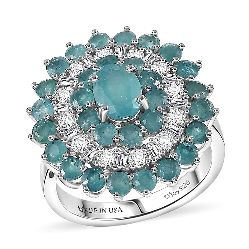 D'Joy Premium Grandidierite and Moissanite 3.70 ctw Celestial Bloom Ring in Rhodium Over Sterling Silver (Size 10.0)