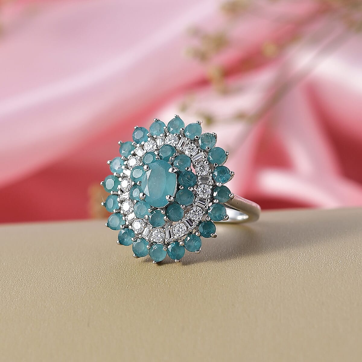 D'Joy Premium Grandidierite and Moissanite 3.70 ctw Celestial Bloom Ring in Rhodium Over Sterling Silver (Size 10.0) image number 1