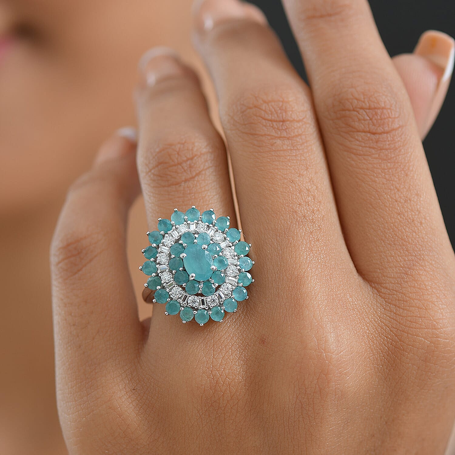 D'Joy Premium Grandidierite and Moissanite 3.70 ctw Celestial Bloom Ring in Rhodium Over Sterling Silver (Size 10.0)
