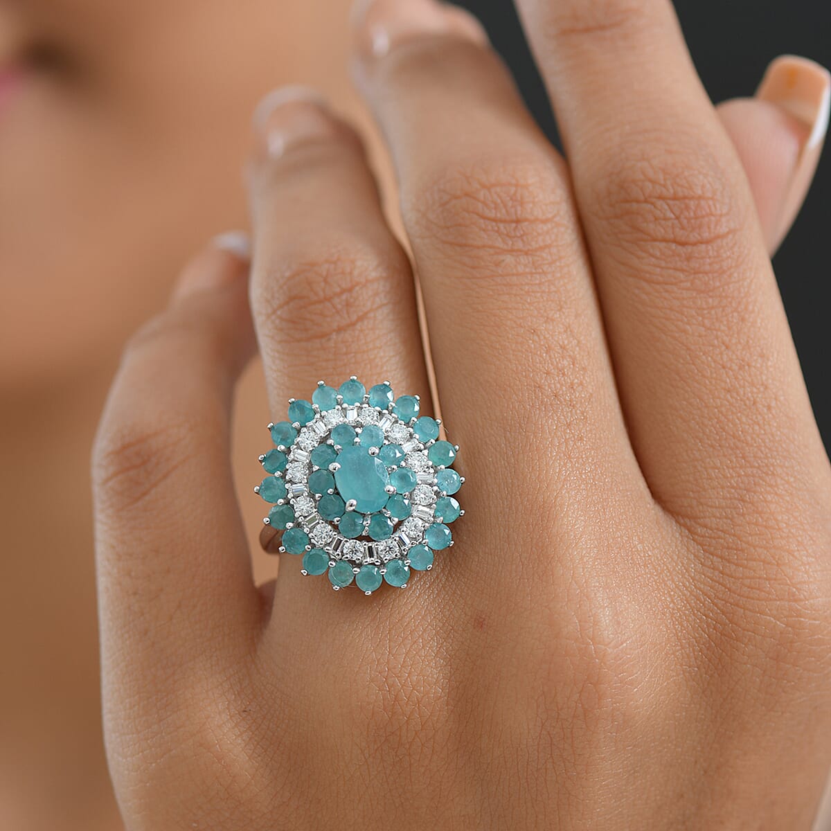 D'Joy Premium Grandidierite and Moissanite 3.70 ctw Celestial Bloom Ring in Rhodium Over Sterling Silver (Size 10.0) image number 2