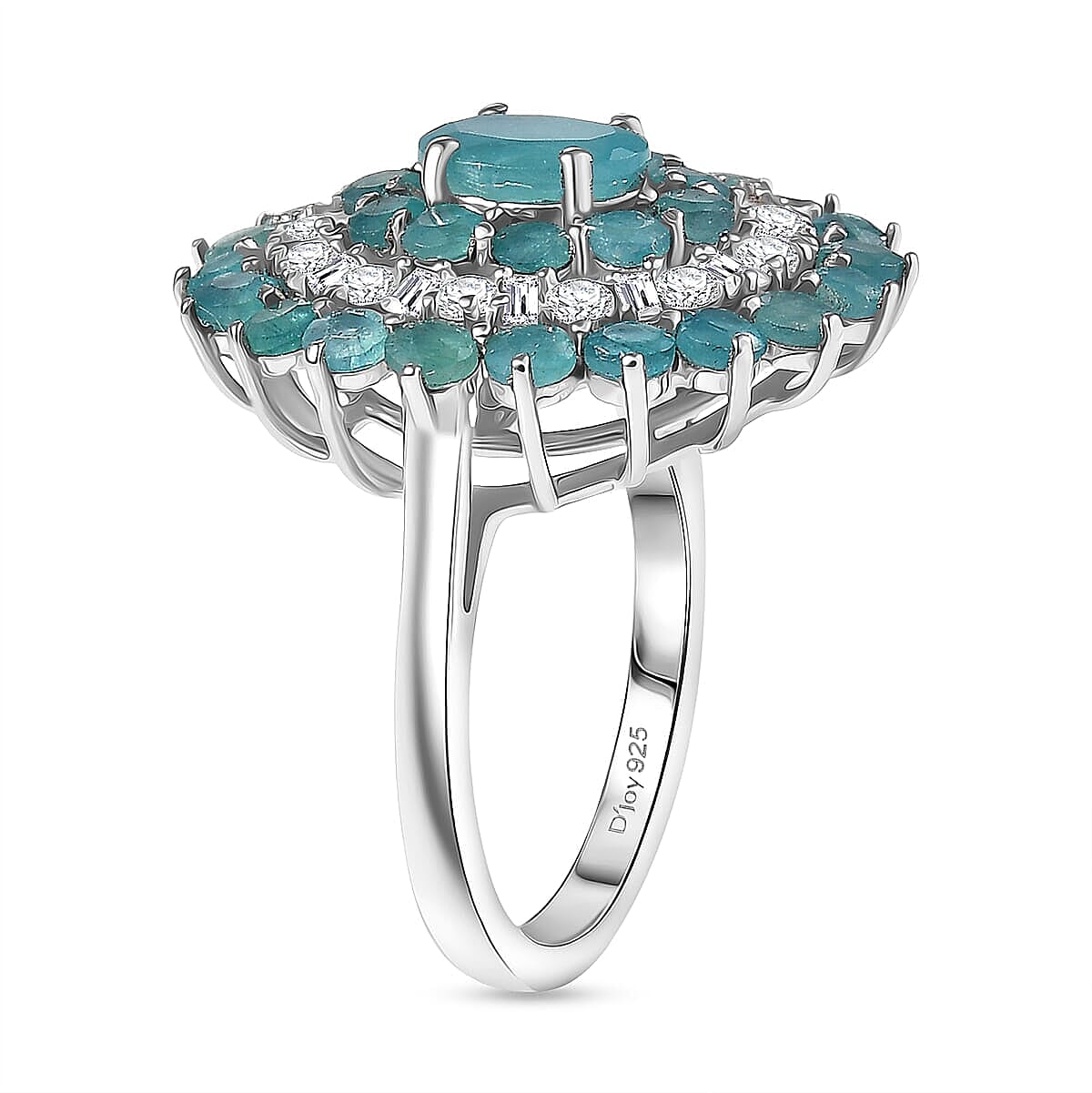 D'Joy Premium Grandidierite and Moissanite 3.70 ctw Celestial Bloom Ring in Rhodium Over Sterling Silver (Size 10.0)