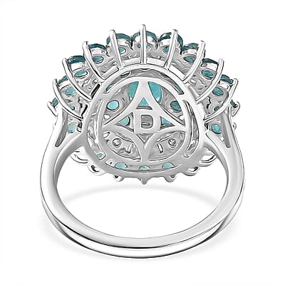 D'Joy Premium Grandidierite and Moissanite 3.70 ctw Celestial Bloom Ring in Rhodium Over Sterling Silver (Size 10.0)