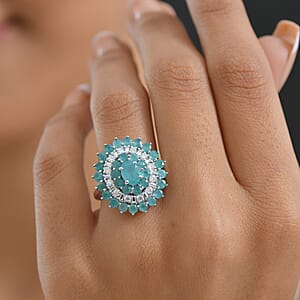 D'Joy Premium Grandidierite and Moissanite 3.70 ctw Celestial Bloom Ring in Rhodium Over Sterling Silver (Size 6.0)