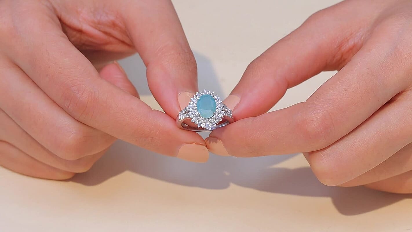 D'Joy Premium Grandidierite, Moissanite Sunburst Halo Ring in Rhodium Over Sterling Silver (Size 10.0) 2.50 ctw