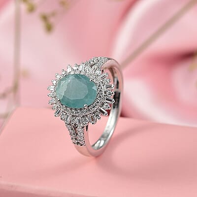 D'Joy Premium Grandidierite and Moissanite 2.50 ctw Sunburst Halo Ring in Rhodium Over Sterling Silver (Size 10.0)