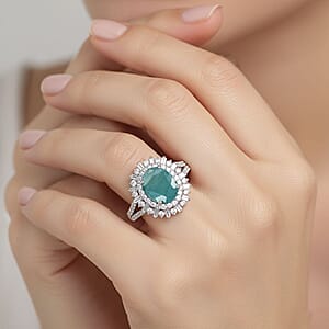 D'Joy Premium Grandidierite and Moissanite 2.50 ctw Sunburst Halo Ring in Rhodium Over Sterling Silver (Size 10.0)