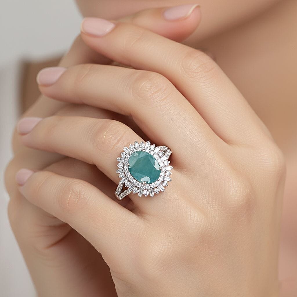 D'Joy Premium Grandidierite and Moissanite 2.50 ctw Sunburst Halo Ring in Rhodium Over Sterling Silver (Size 6.0)