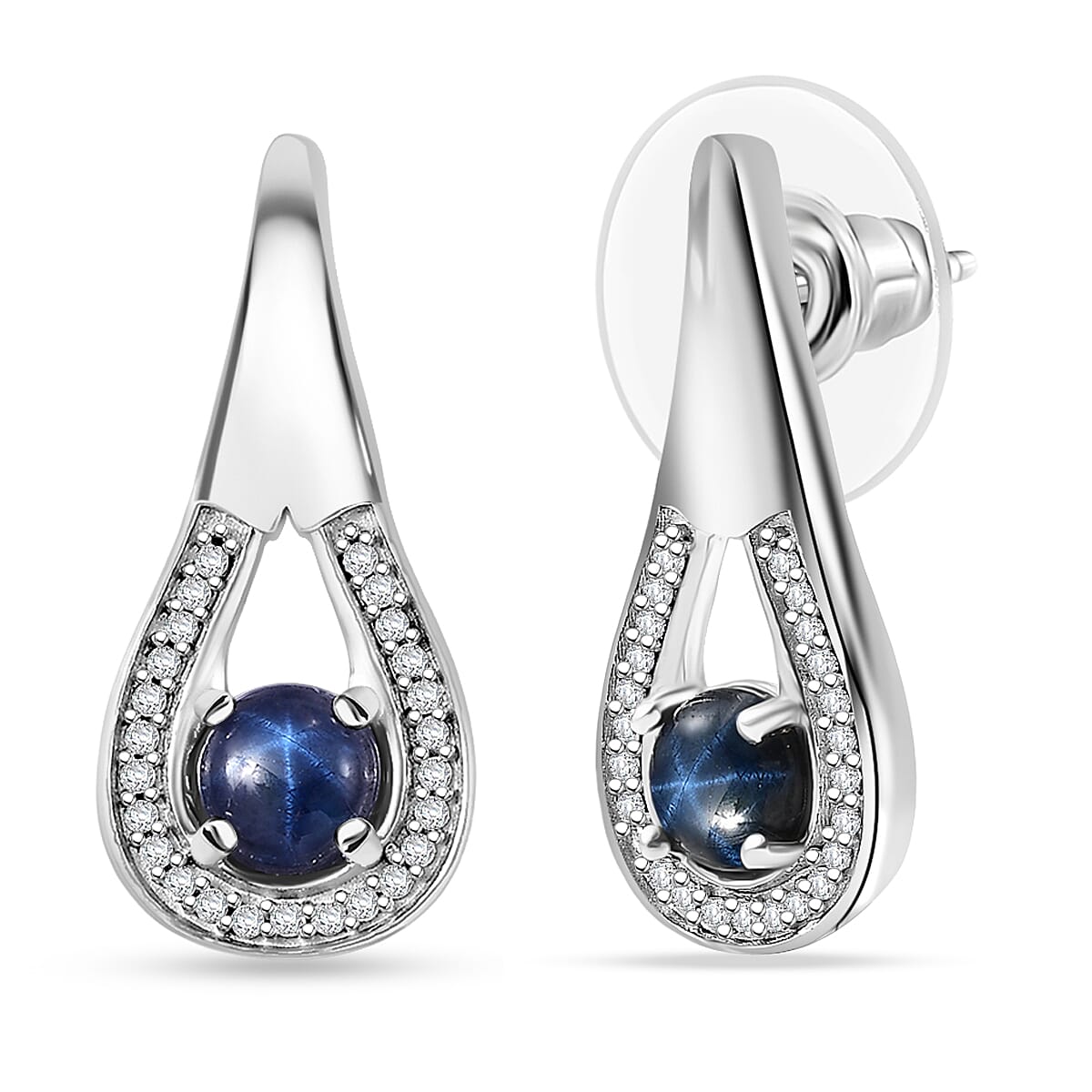Doorbuster D'Joy Premium Blue Star Sapphire (DF) and Moissanite 2.15 ctw Celestial Drop Earrings in Rhodium Over Sterling Silver image number 0