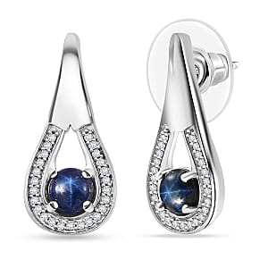 Doorbuster D'Joy Premium Blue Star Sapphire (DF) and Moissanite 2.15 ctw Celestial Drop Earrings in Rhodium Over Sterling Silver