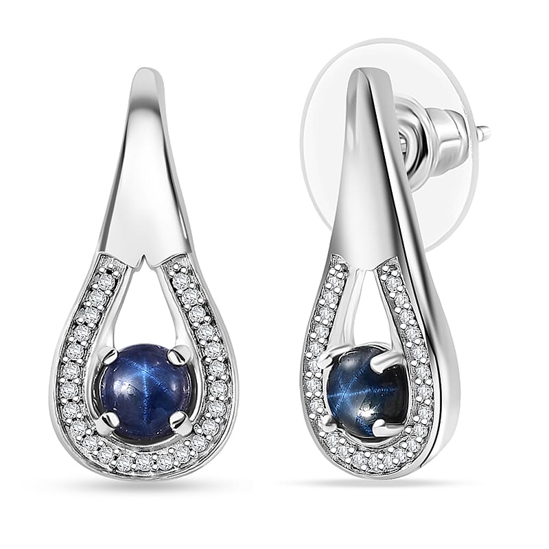 D'Joy Premium Blue Star Sapphire (DF) and Moissanite 2.15 ctw Celestial Drop Earrings in Rhodium Over Sterling Silver