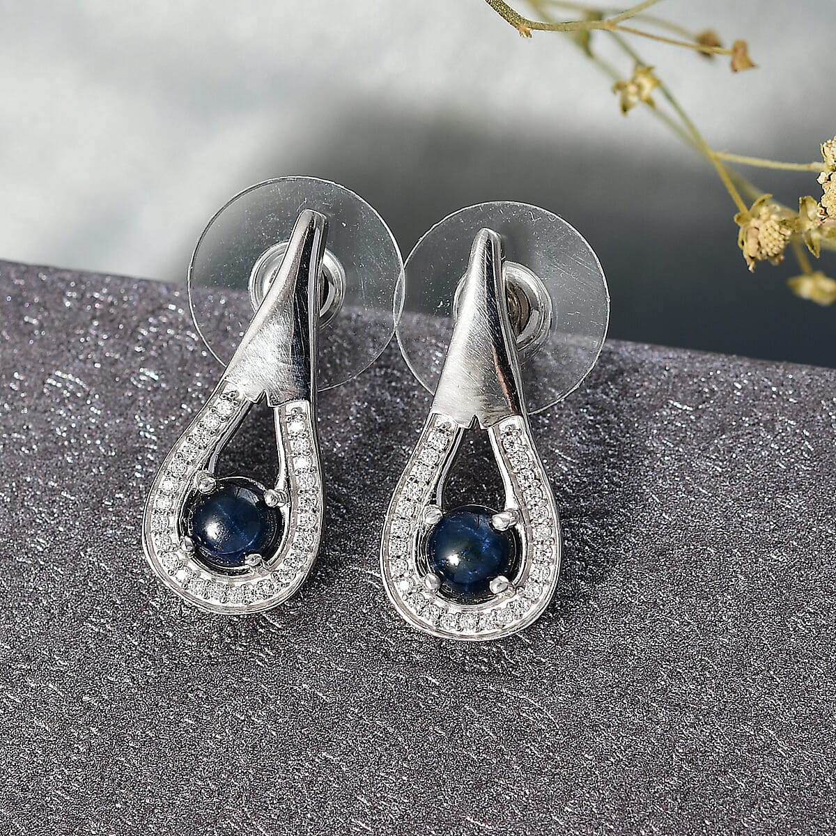 Doorbuster D'Joy Premium Blue Star Sapphire (DF) and Moissanite 2.15 ctw Celestial Drop Earrings in Rhodium Over Sterling Silver image number 1