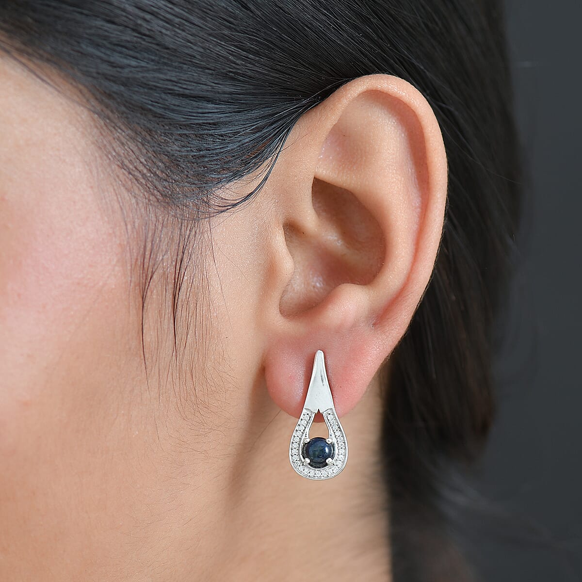 Doorbuster D'Joy Premium Blue Star Sapphire (DF) and Moissanite 2.15 ctw Celestial Drop Earrings in Rhodium Over Sterling Silver image number 2