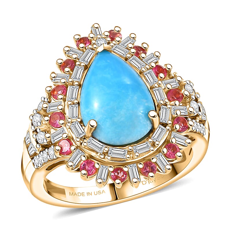 D'Joy Sleeping Beauty Turquoise, Multi Gemstone Ring in 18K Vermeil YG Over Sterling Silver 3.80 ctw (Size 10.0)