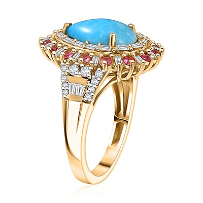 D'Joy Sleeping Beauty Turquoise, Multi Gemstone Ring in 18K Vermeil YG Over Sterling Silver 3.80 ctw (Size 10.0)