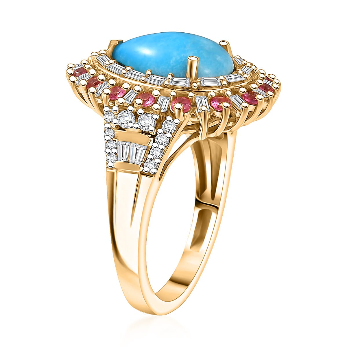 D'Joy Sleeping Beauty Turquoise and Multi Gemstone 3.80 ctw Ring in 18K Vermeil Yellow Gold Over Sterling Silver (Size 7.0) image number 3