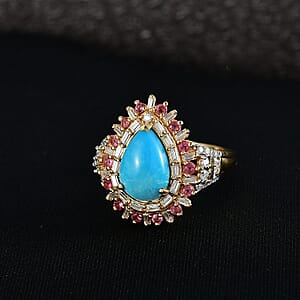 D'Joy Sleeping Beauty Turquoise, Multi Gemstone Ring in 18K Vermeil YG Over Sterling Silver 3.80 ctw (Size 8.0)