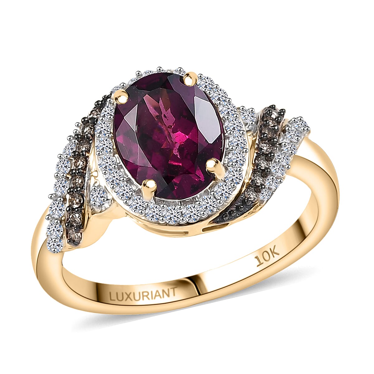 Doorbuster AAA Radiant Ember Garnet, Luxuriant Lab Grown Diamond E-F VS and Natural Champagne Diamond I2 2.50 ctw Flame Crown Ring in 10K Yellow Gold (Size 7.0) image number 0
