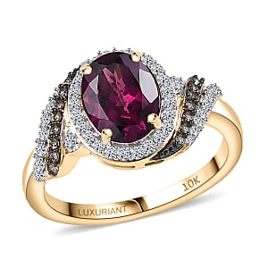 Doorbuster AAA Radiant Ember Garnet, Luxuriant Lab Grown Diamond E-F VS and Natural Champagne Diamond I2 2.50 ctw Flame Crown Ring in 10K Yellow Gold (Size 7.0)
