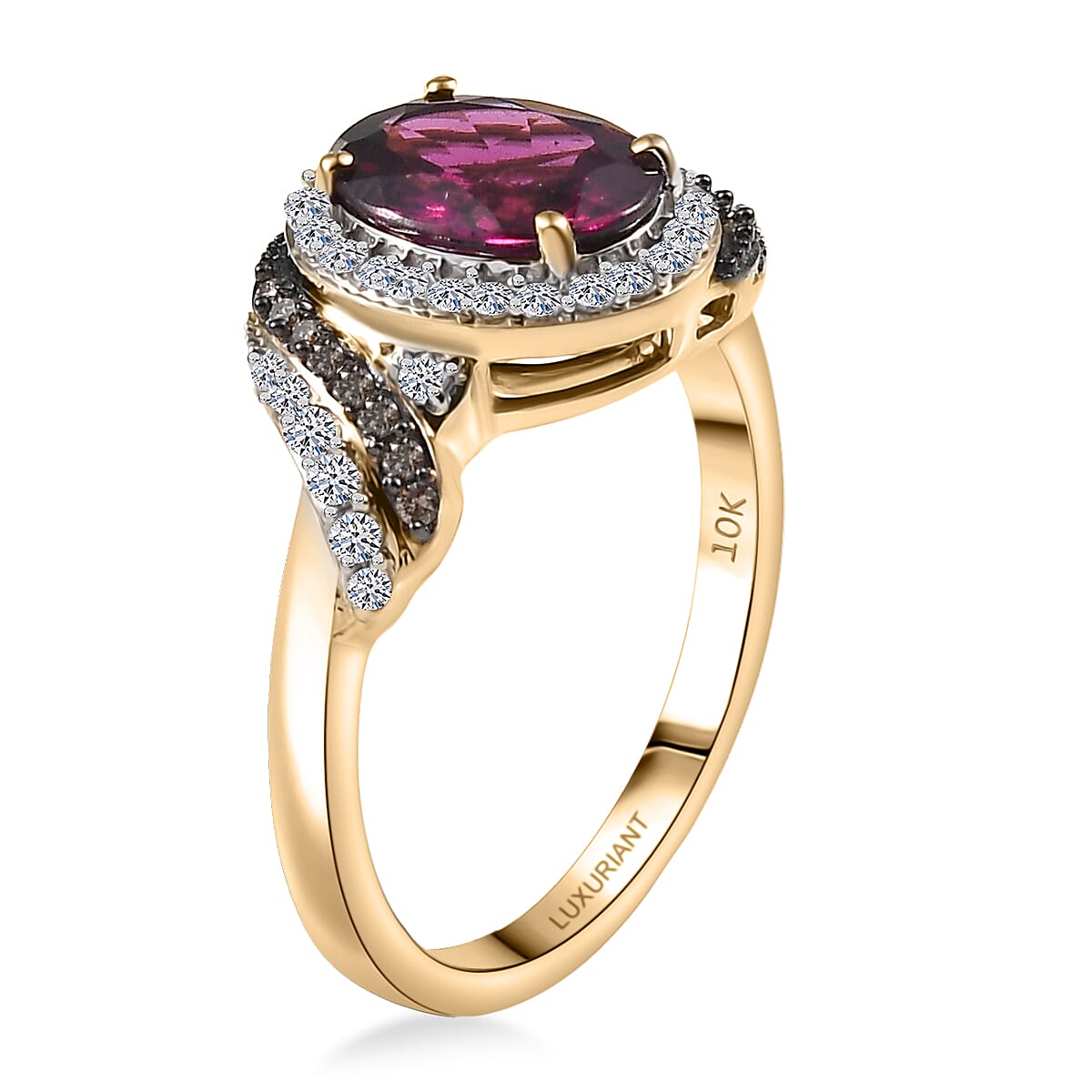 Doorbuster AAA Radiant Ember Garnet, Luxuriant Lab Grown Diamond E-F VS and Natural Champagne Diamond I2 2.50 ctw Flame Crown Ring in 10K Yellow Gold (Size 7.0) image number 3