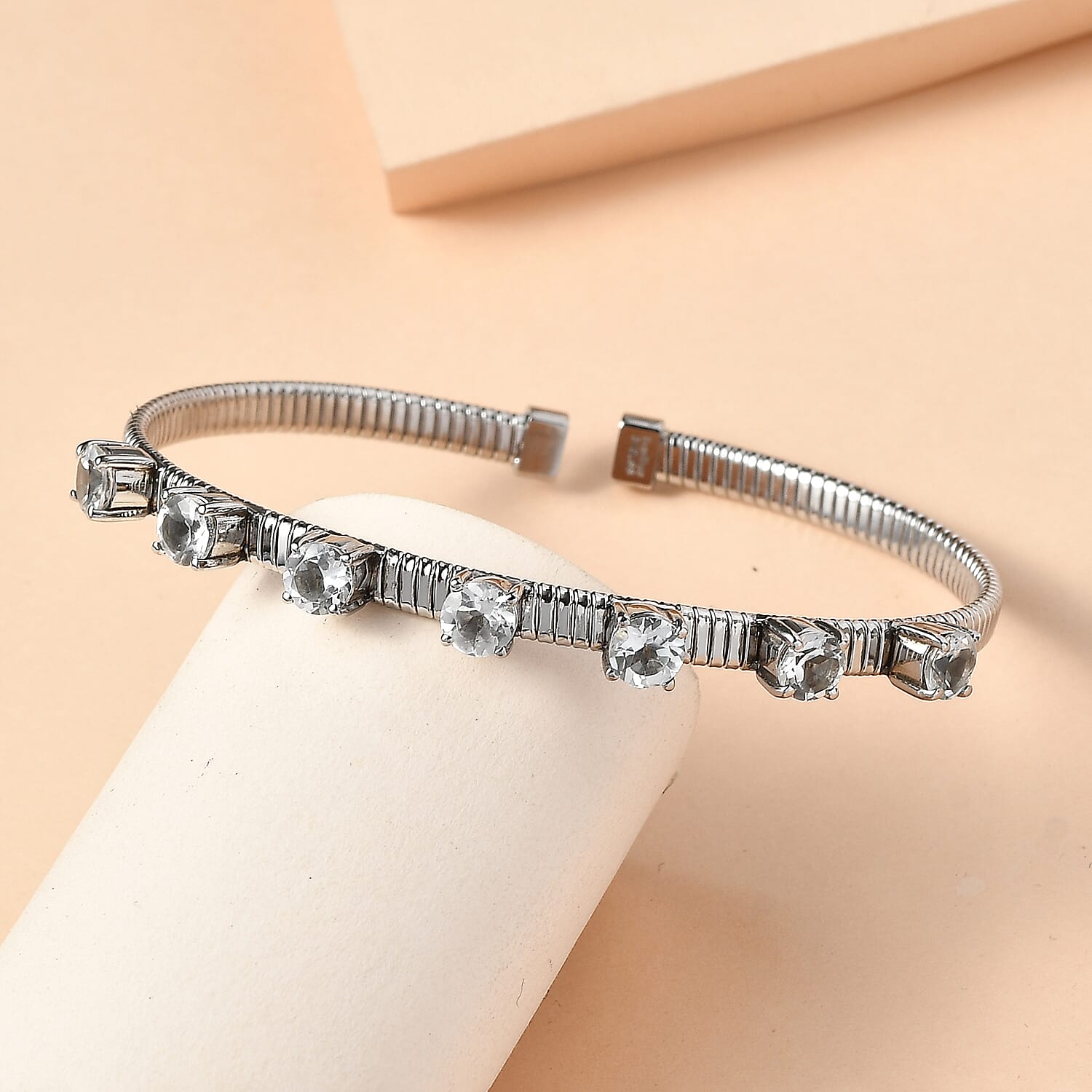 EverTrue White Topaz 4.40 ctw Cuff Bracelet in Stainless Steel (7.25 In)
