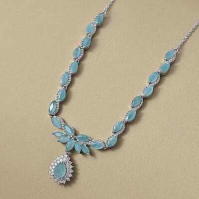 D'Joy Premium Grandidierite and Moissanite 7.95 ctw Art Deco Necklace in Rhodium Over Sterling Silver 18-20 Inches