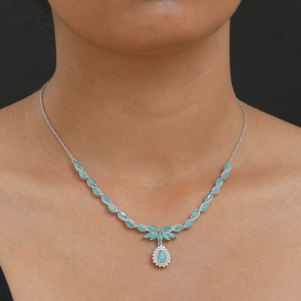 D'Joy Premium Grandidierite and Moissanite 7.95 ctw Art Deco Necklace in Rhodium Over Sterling Silver 18-20 Inches image number 2