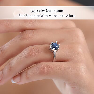 D'Joy Premium Blue Star Sapphire (DF) and Moissanite 3.50 ctw Galaxy Ring in Rhodium Over Sterling Silver (Size 10.0)