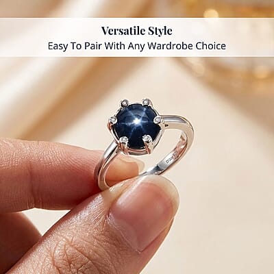 D'Joy Premium Blue Star Sapphire (DF) and Moissanite 3.50 ctw Galaxy Ring in Rhodium Over Sterling Silver (Size 10.0)