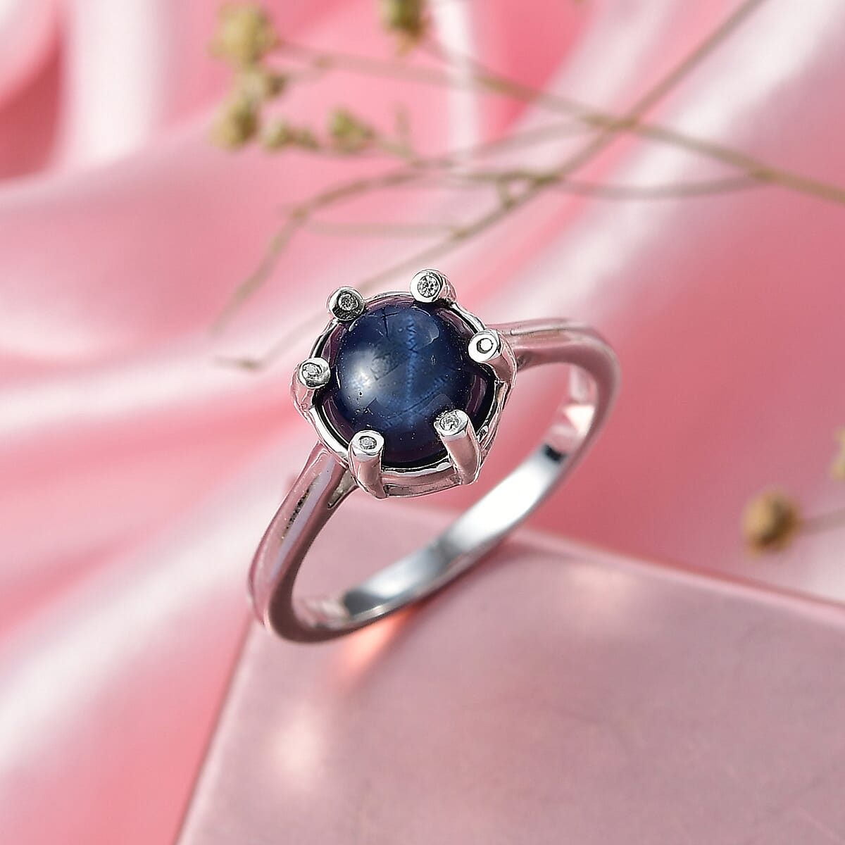 Doorbuster D'Joy Premium Blue Star Sapphire (DF) and Moissanite 3.50 ctw Galaxy Ring in Rhodium Over Sterling Silver (Size 7.0) image number 1